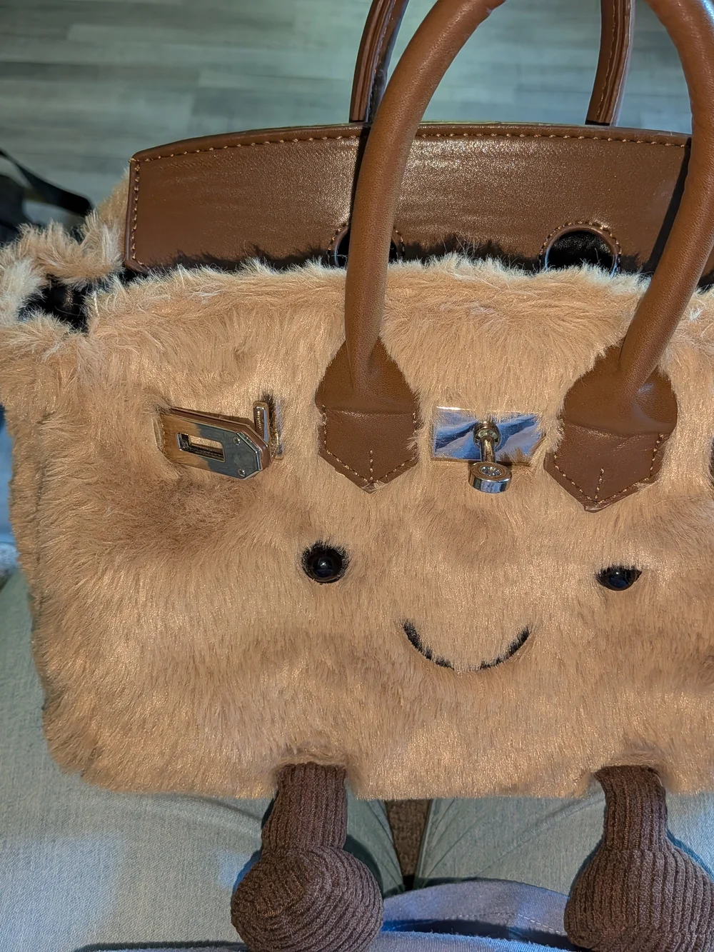 Source Unknown Brown Faux Fur Tote with Smiley Face and Leather-Look Trim
